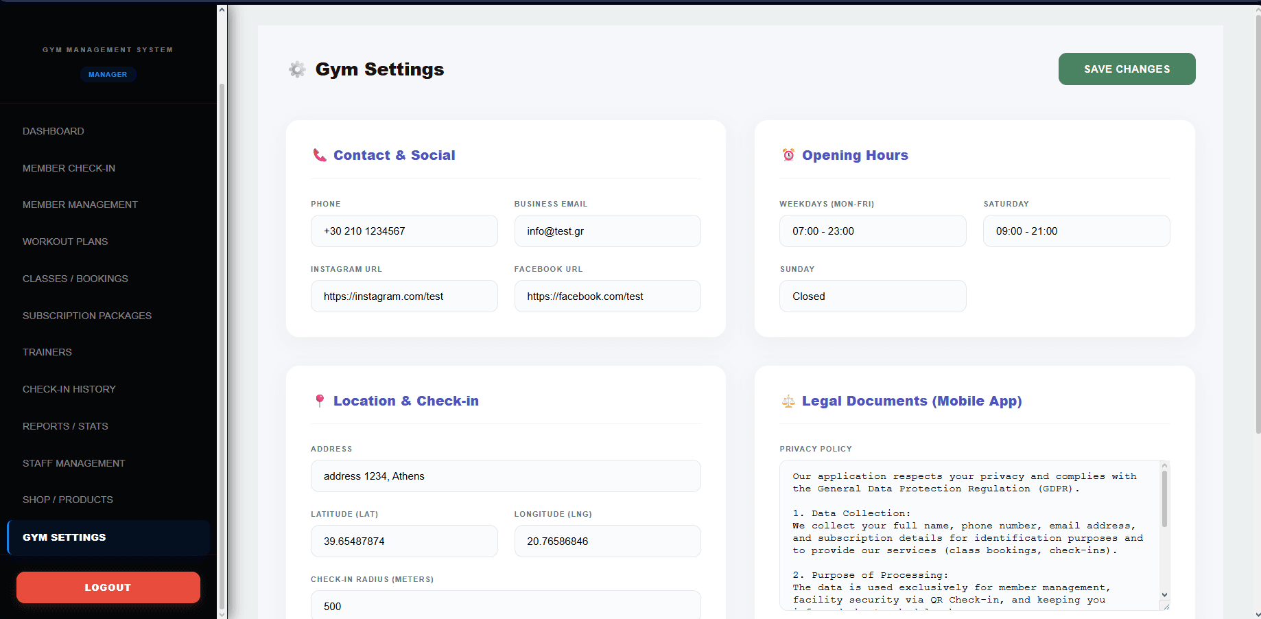 Gym management software settings screenshot