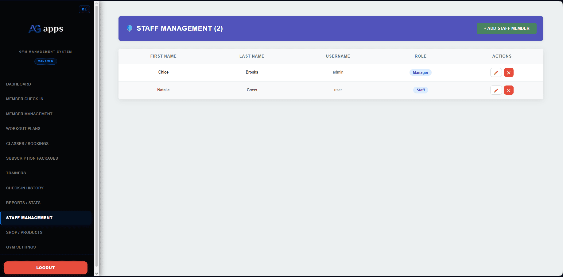 Gym management software staff management screenshot