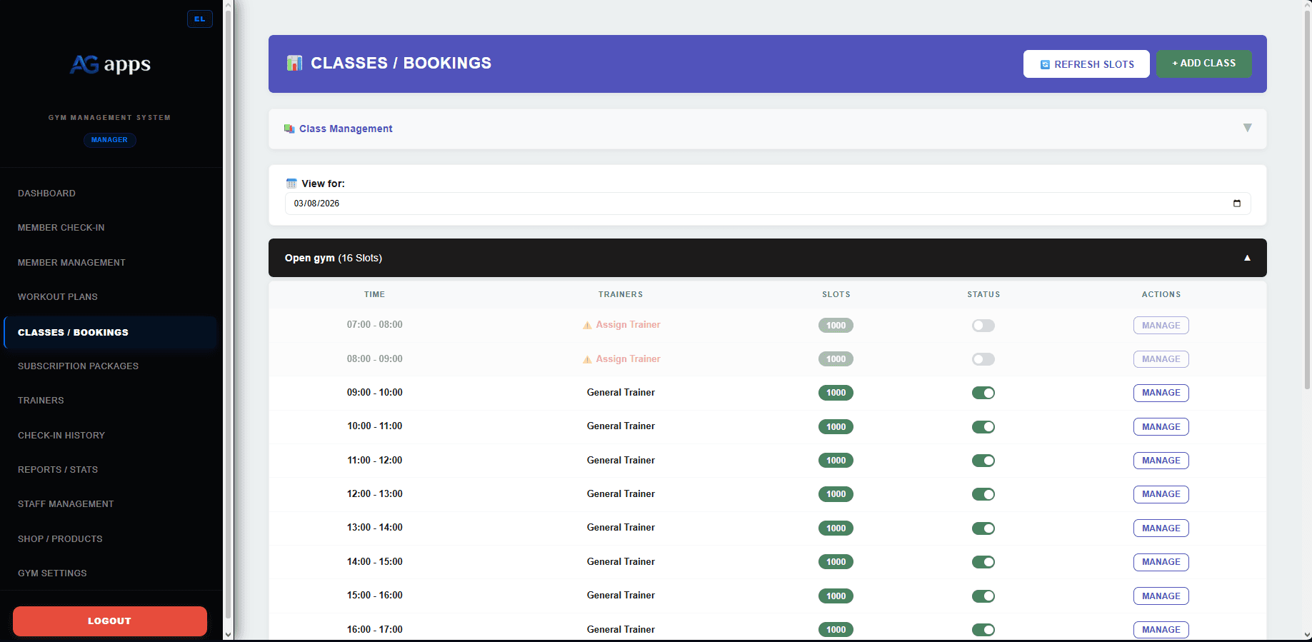 Gym management software classes and bookings screenshot