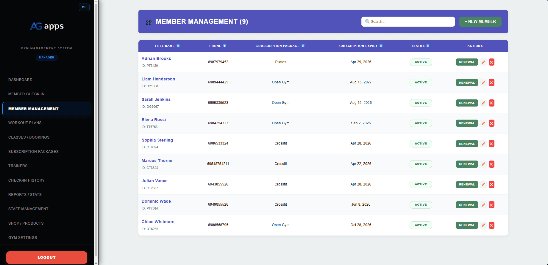 Gym management software members management screenshot