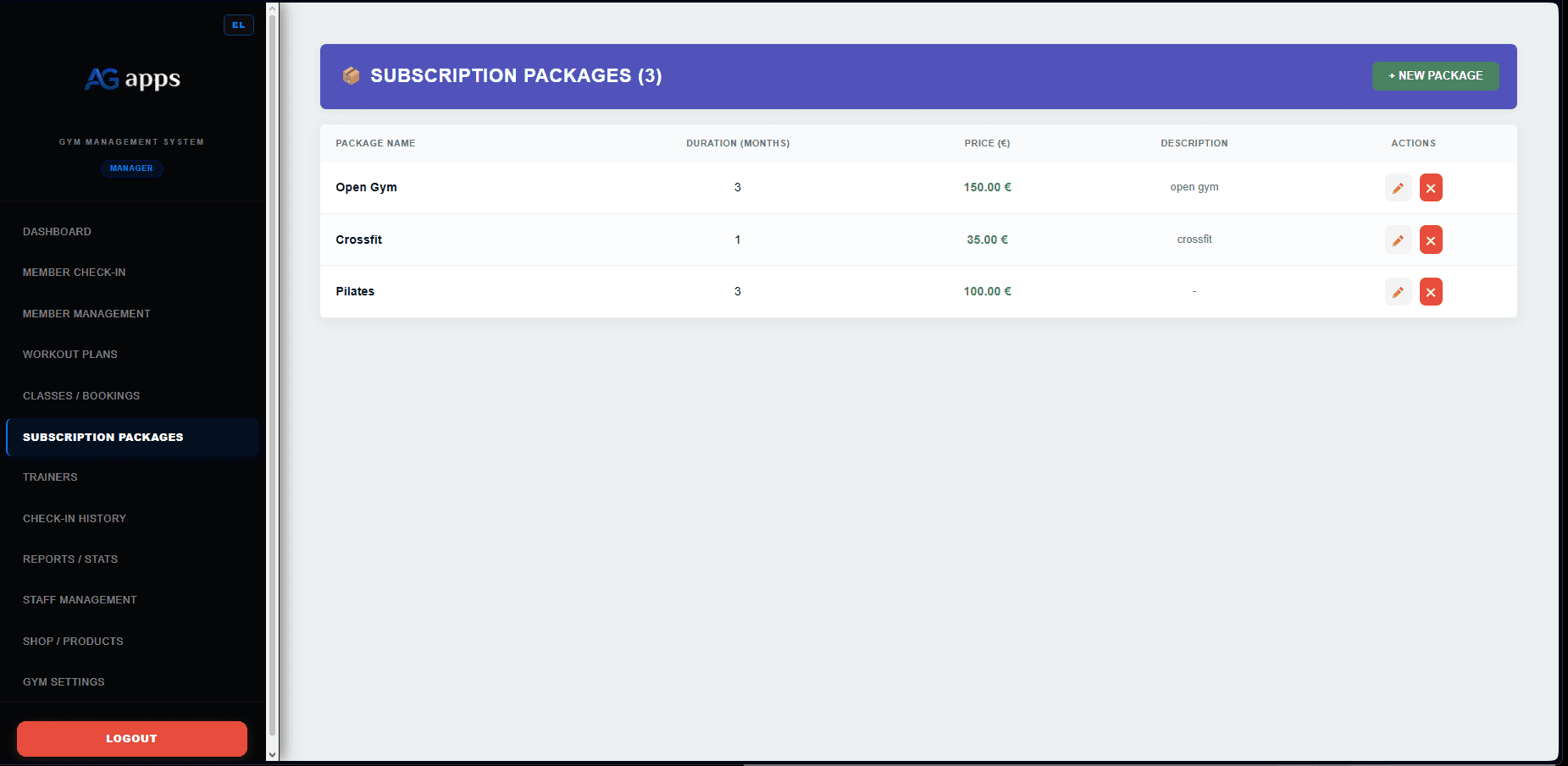 Gym management software subscriptions and packages screenshot
