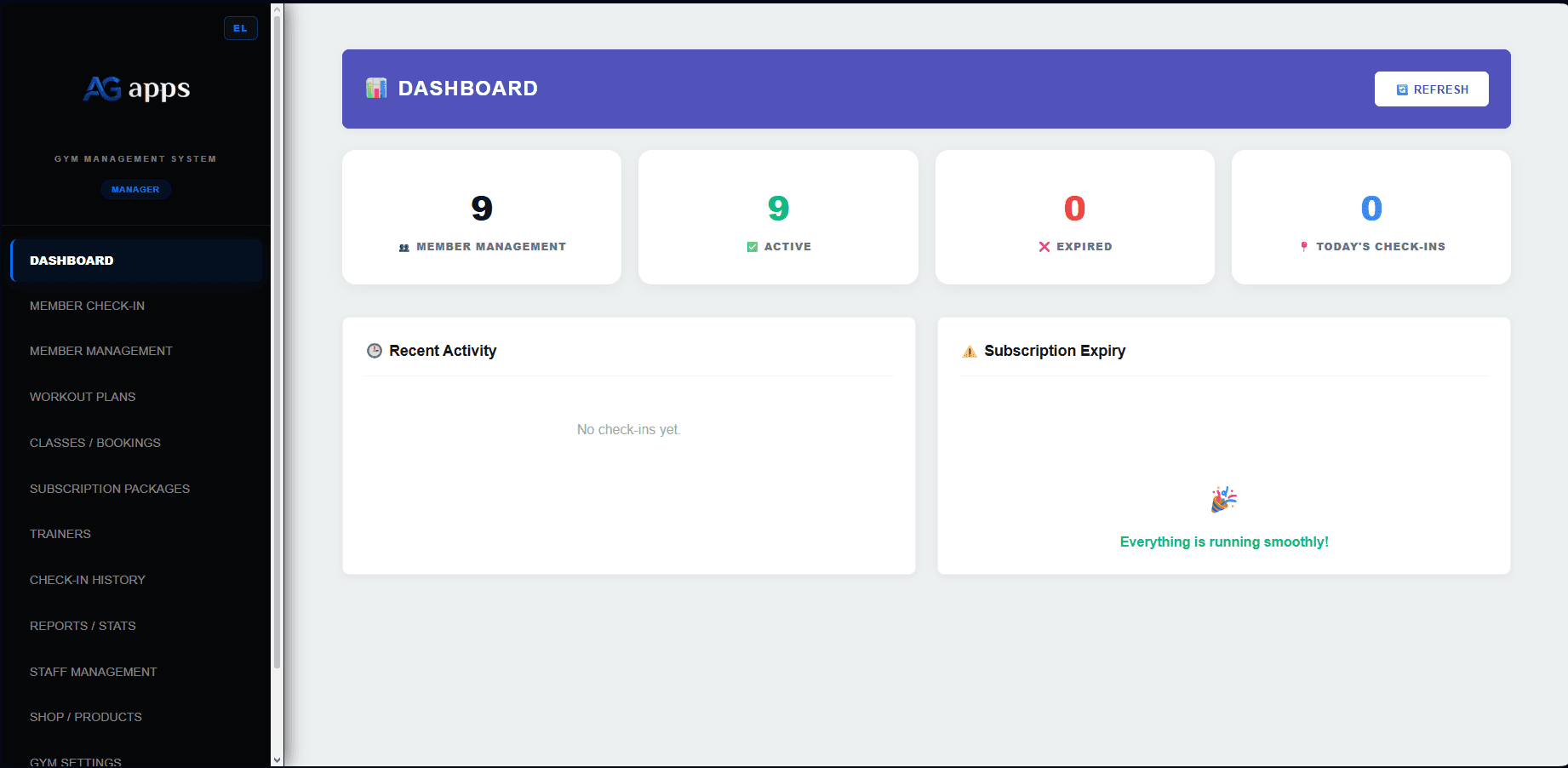 Gym management software web dashboard screenshot